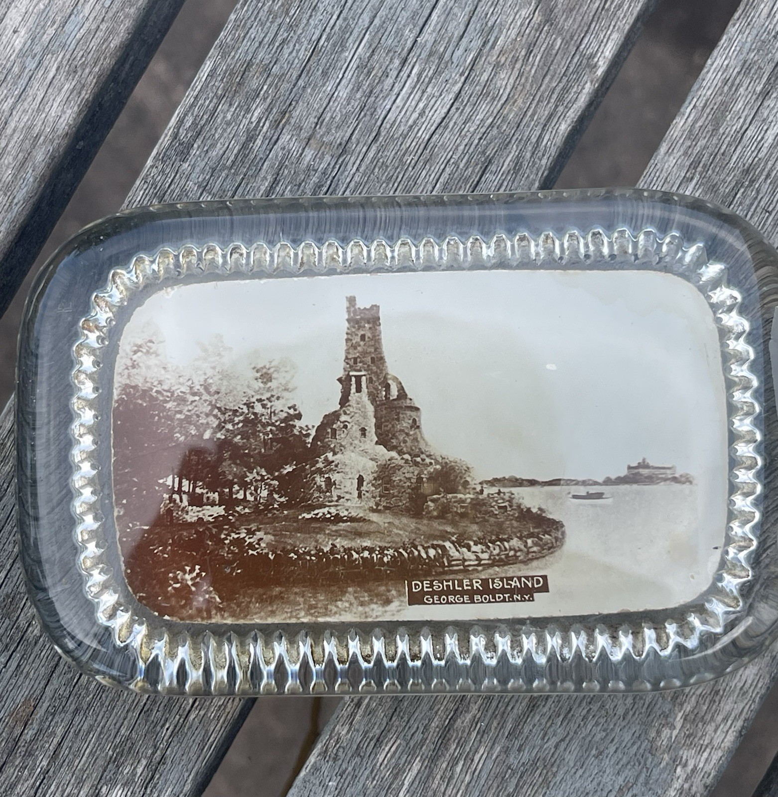 Vintage Real Photo Souvenir  Thousand Islands NY Boldt Castle Glass Paper Weight
