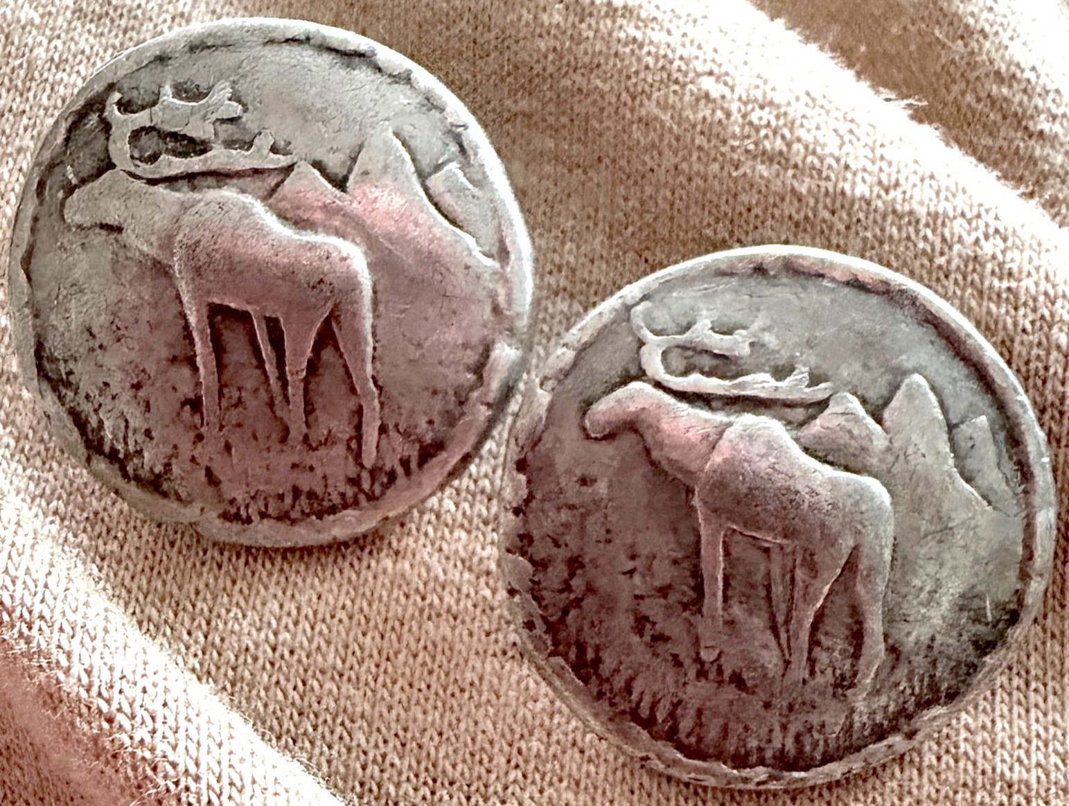 2 Vtg Tinn-Per Bergen Norway Moose Elk Landscape Buttons Metal Shank Pewter
