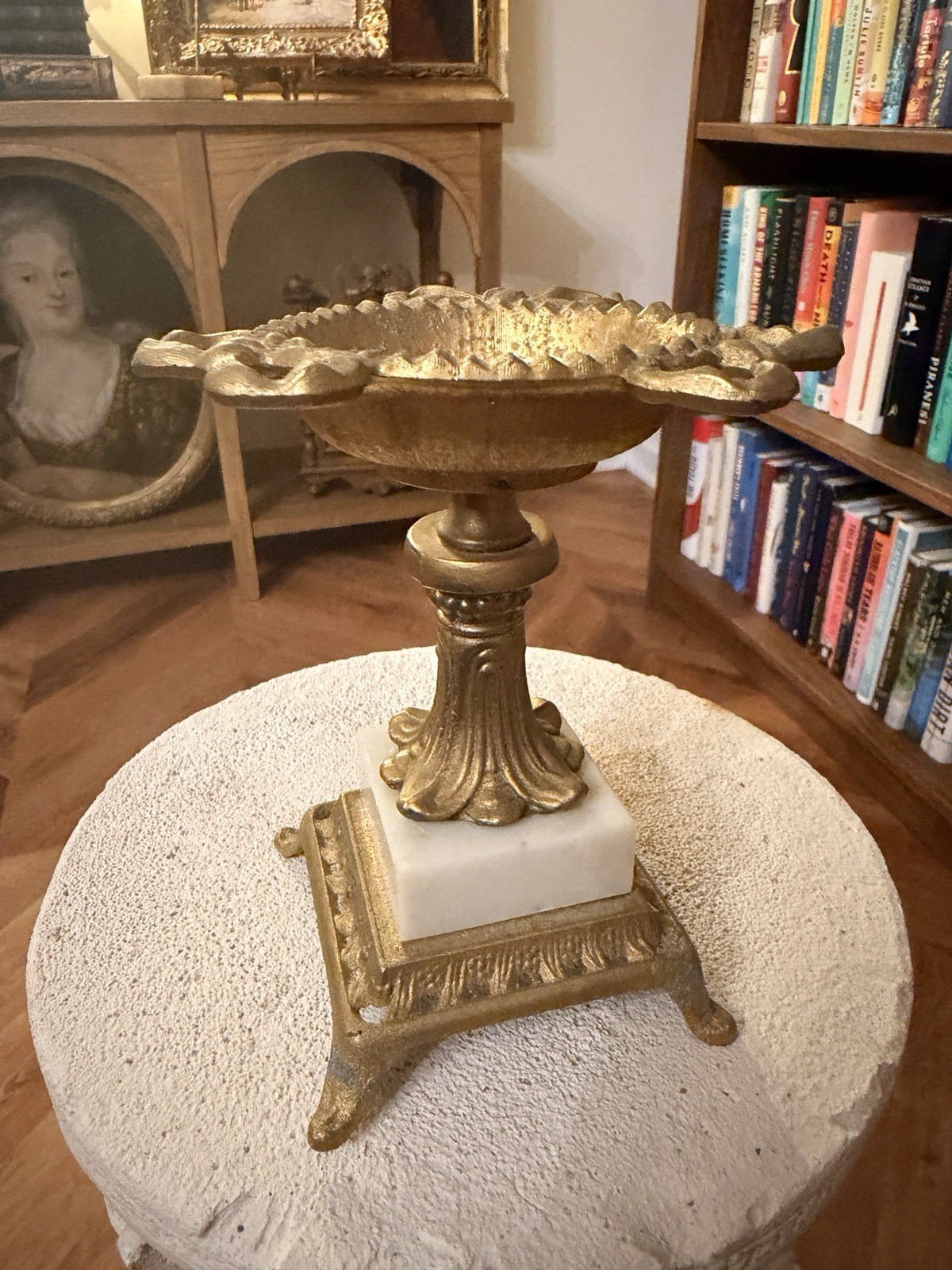 Vintage Neoclassical Gilt Metal Marble Tazza Compote Pedestal Bowl 6” Ornate