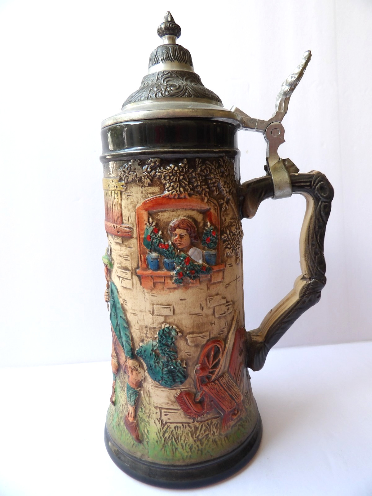 Zoller and Born Hand Painted Embossed Beer Stein Thumb Lift Handle Germany