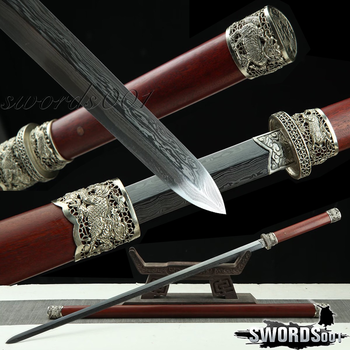 38’’ Auspicious Chinese Qilin Sword Low-meteorite Damascus Steel Blade Tang Jian