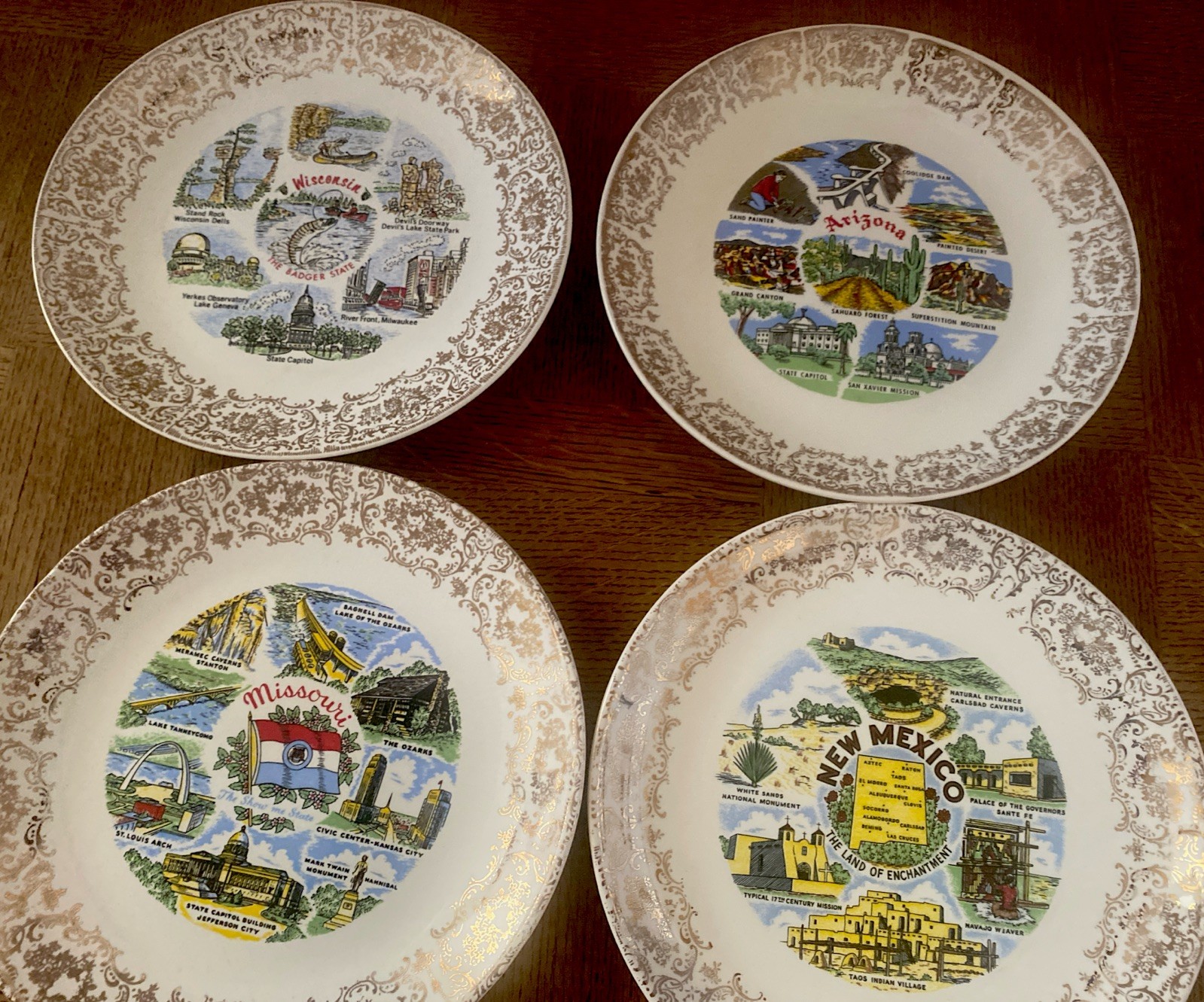 Vtg. 4-Souvenir State Plates Collectible Arizona Missouri Wisconsin New Mexico