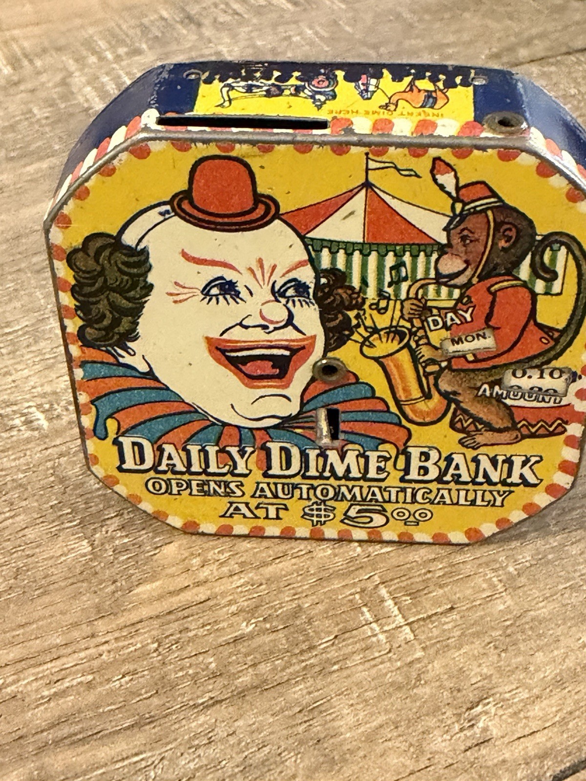 Vintage Clown Tin Litho Daily Dime Bank Clown Circus Mechanical Coin Bank 