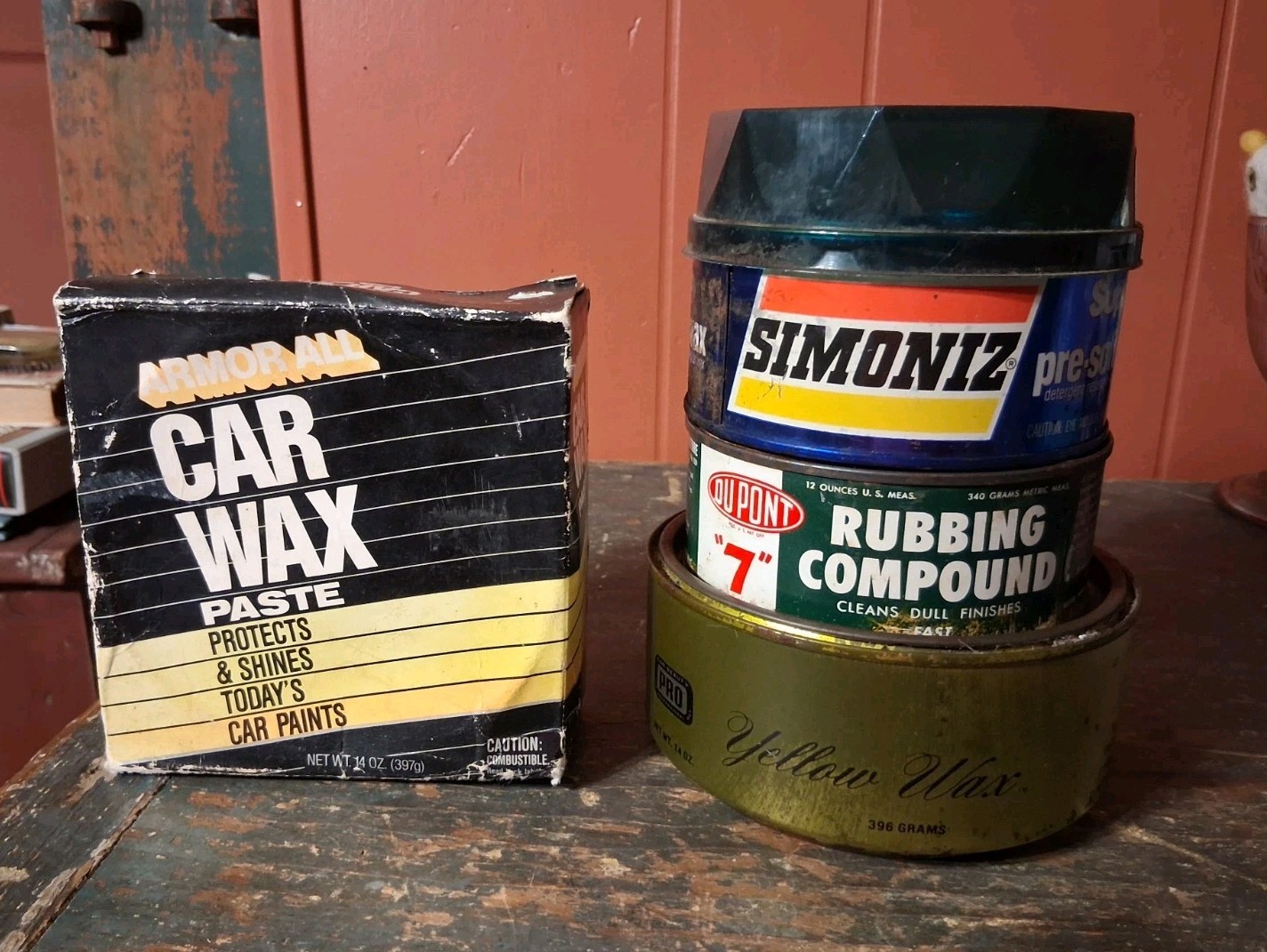Vintage Car Wax Tin Lot 4 Pcs Dupont Rubbing Sealed Armor All 70s 80s Simoniz NR