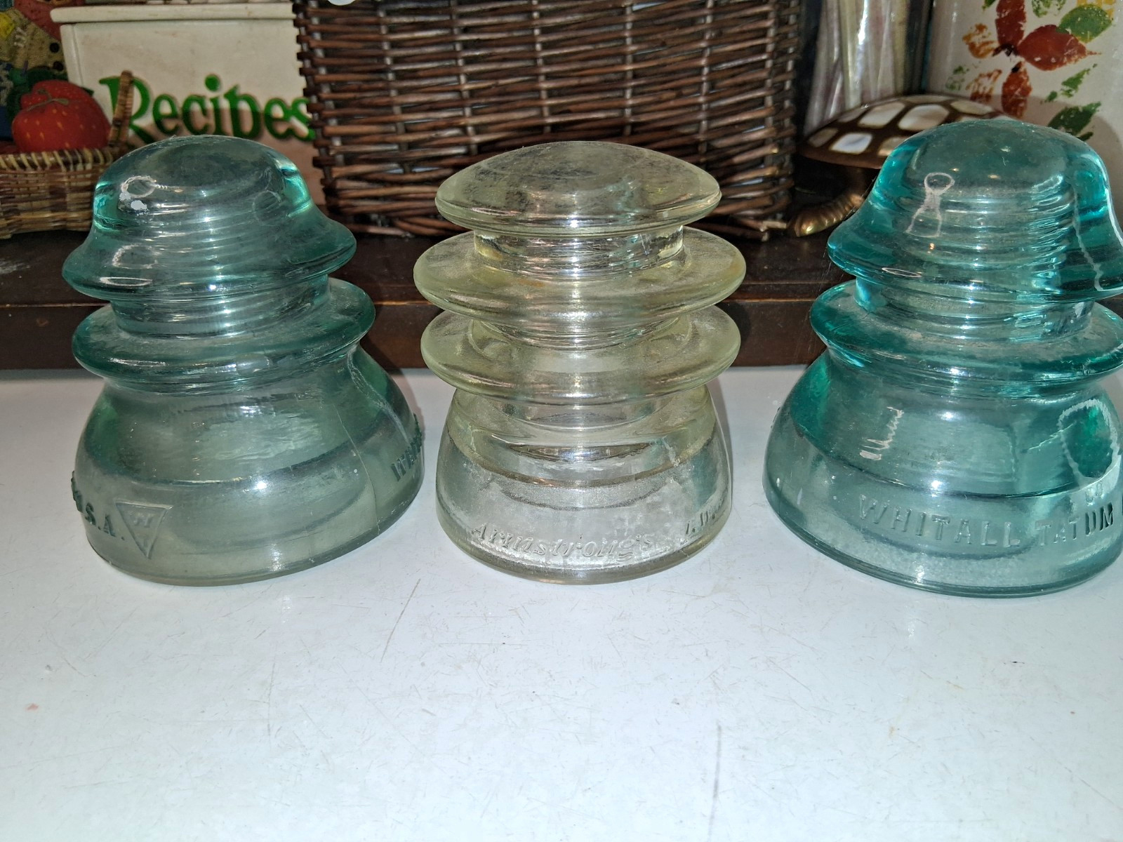 Whittall Tatum Co. Lot of 3 Vintage Glass Electrical Insulators Aqua & Clear USA