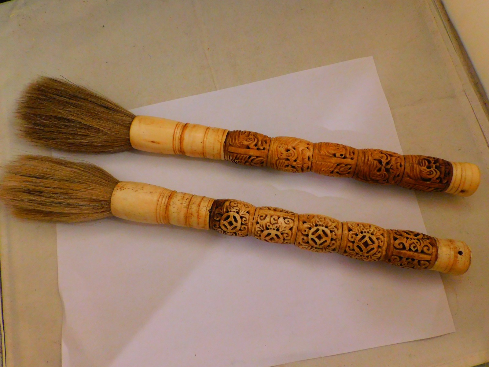Lot of 2 Vintage Chinese Calligraphy Brushes Stone & Bone Handles Horse Hair