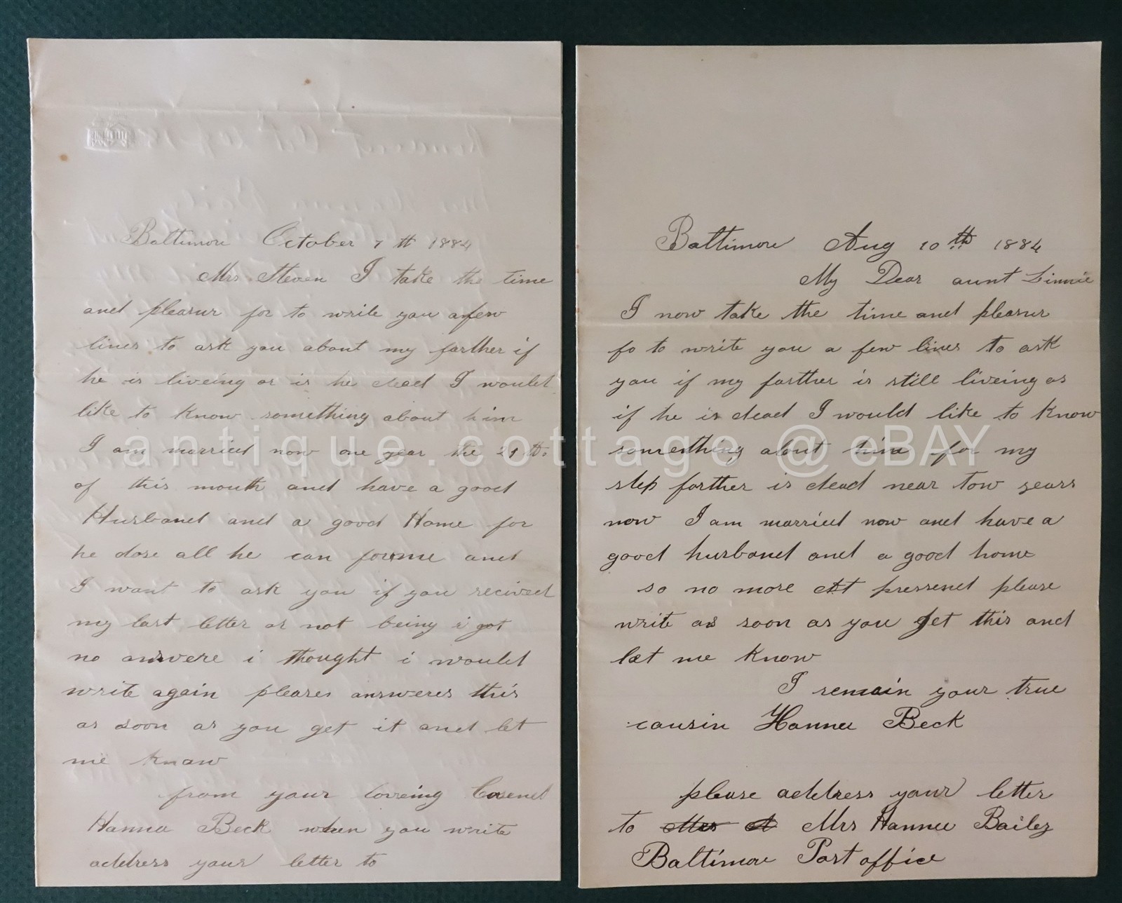 LOT 1884 antique HANDWRITTEN LETTER baltimore md HANNA BECK /BAILEY