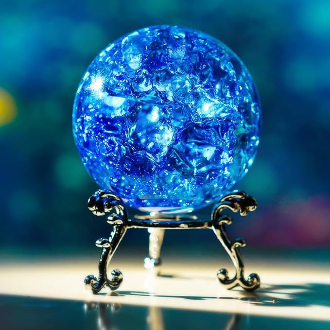 60mm Ice Cracked Crystal Ball Paperweight Blue Glass Ball with Stand