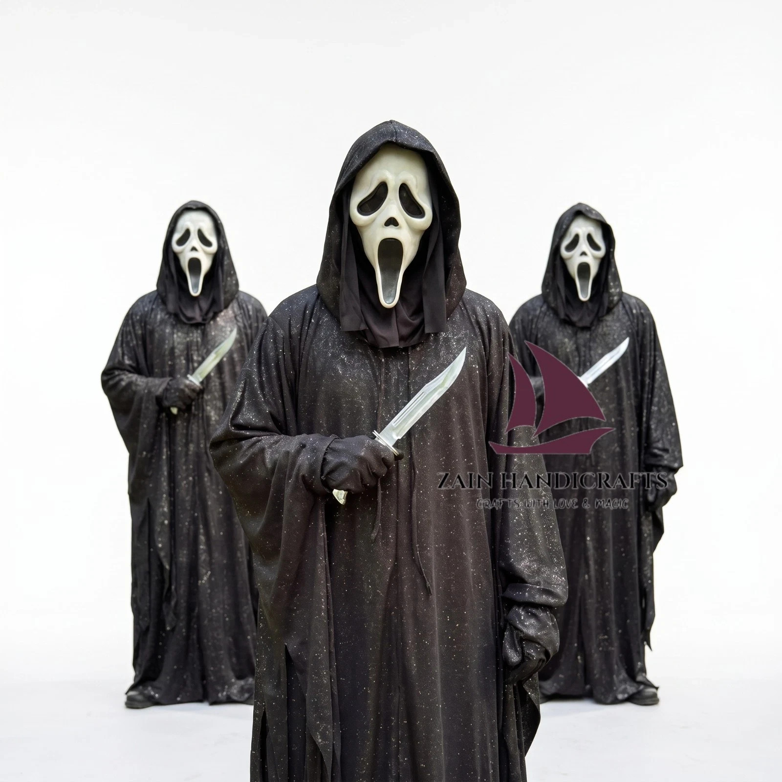 ZAIN Scream Ghost Face Black Glitter Robe Mask Horror Halloween Costume