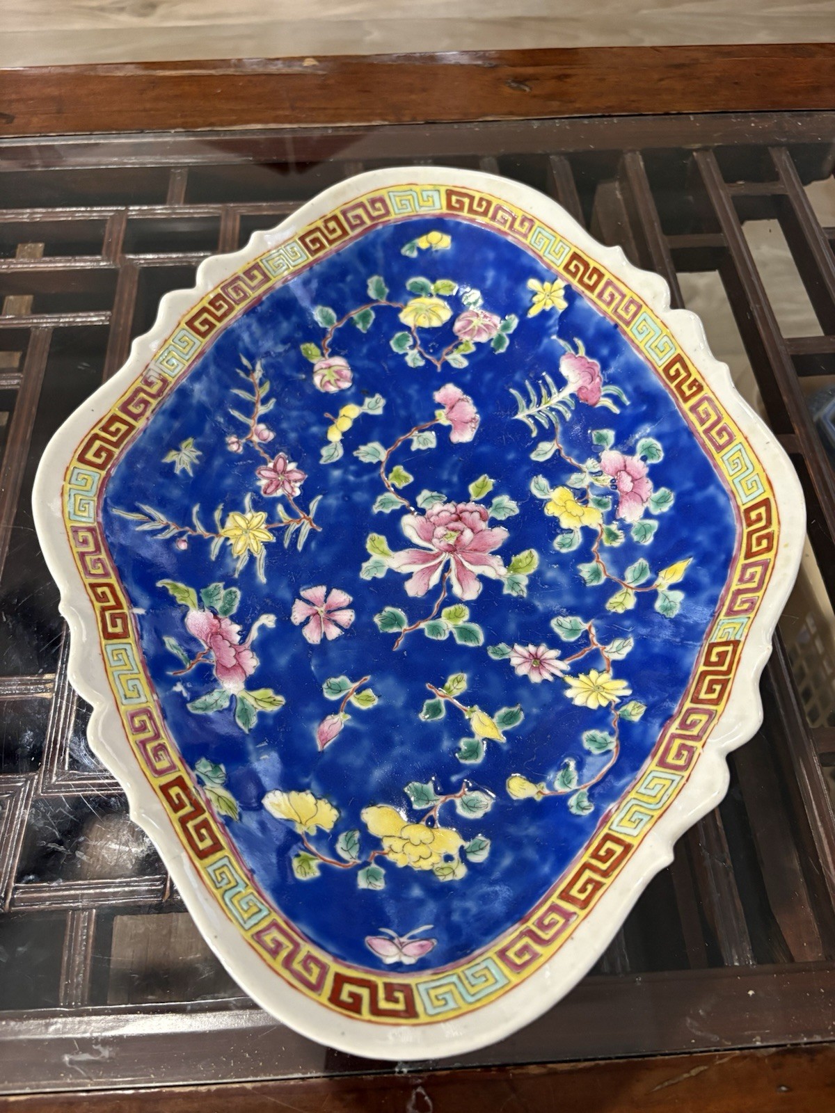Large 15” Vintage Chinese Ceramic Footed Tray