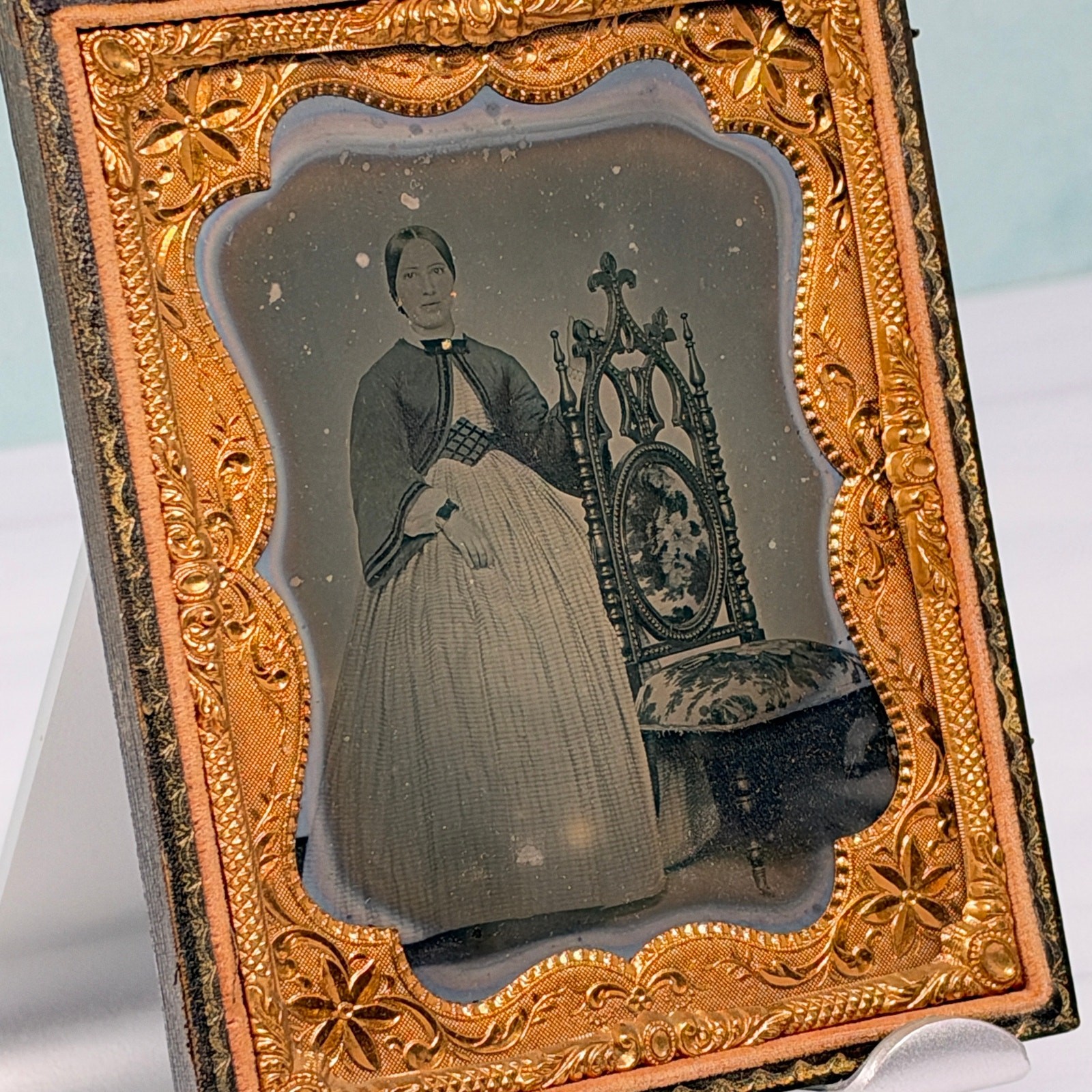1/4th Plate Ambrotype Woman Standing Gothic Chair Half Case