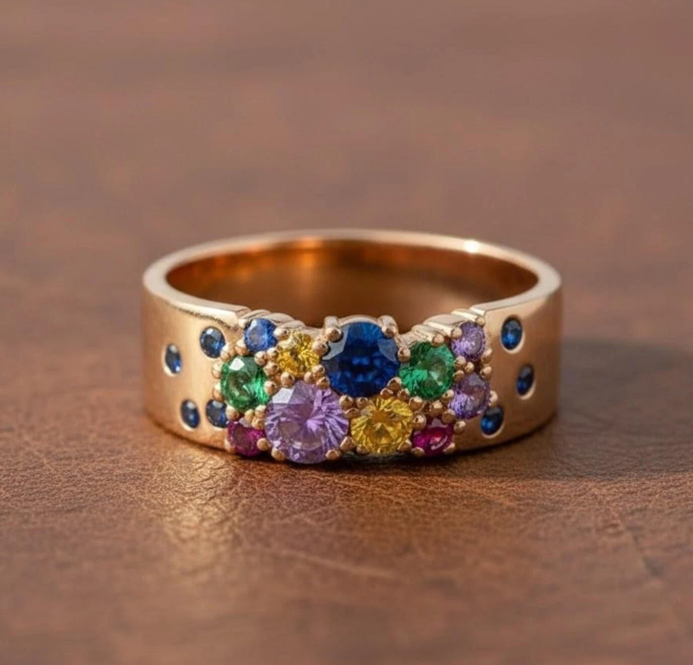 Flush Setting Scattered Multi-Gemstone Celestial Ring 14k Yellow Gold Plated