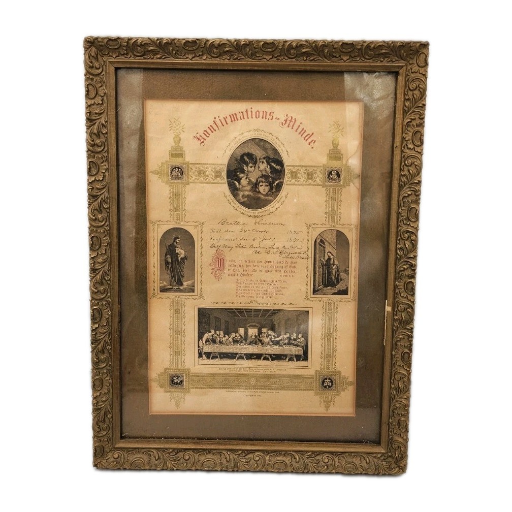 Confirmation Certificate German 1891 Lutheran Original Framed 