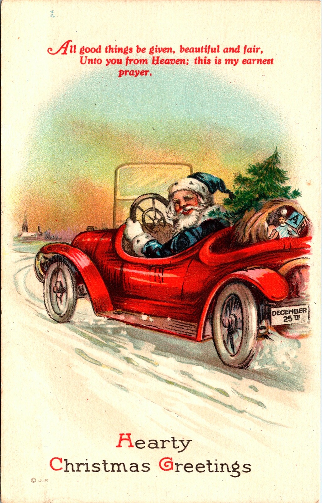 Vintage  Santa Claus Racing in an Antique Car & Toy Bag Christmas Postcard