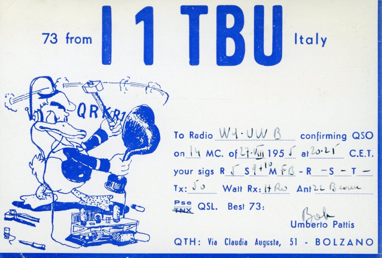 Vintage Amateur Radio QSL Postcard, 1955, I1TBU, Bolzano, Italy Vintage Amateur Radio QSL Postcard, 1955, I1TBU, Bolzano, Italy