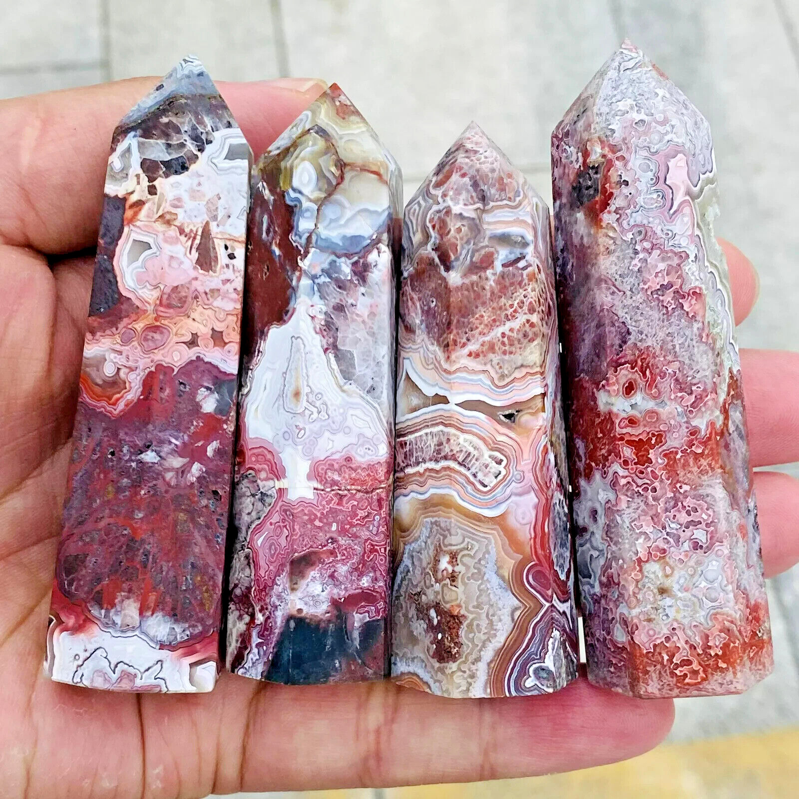 Mexican Crazy Lace Agate Tower Obelisk Crystal Healing Point Home Decor Gift