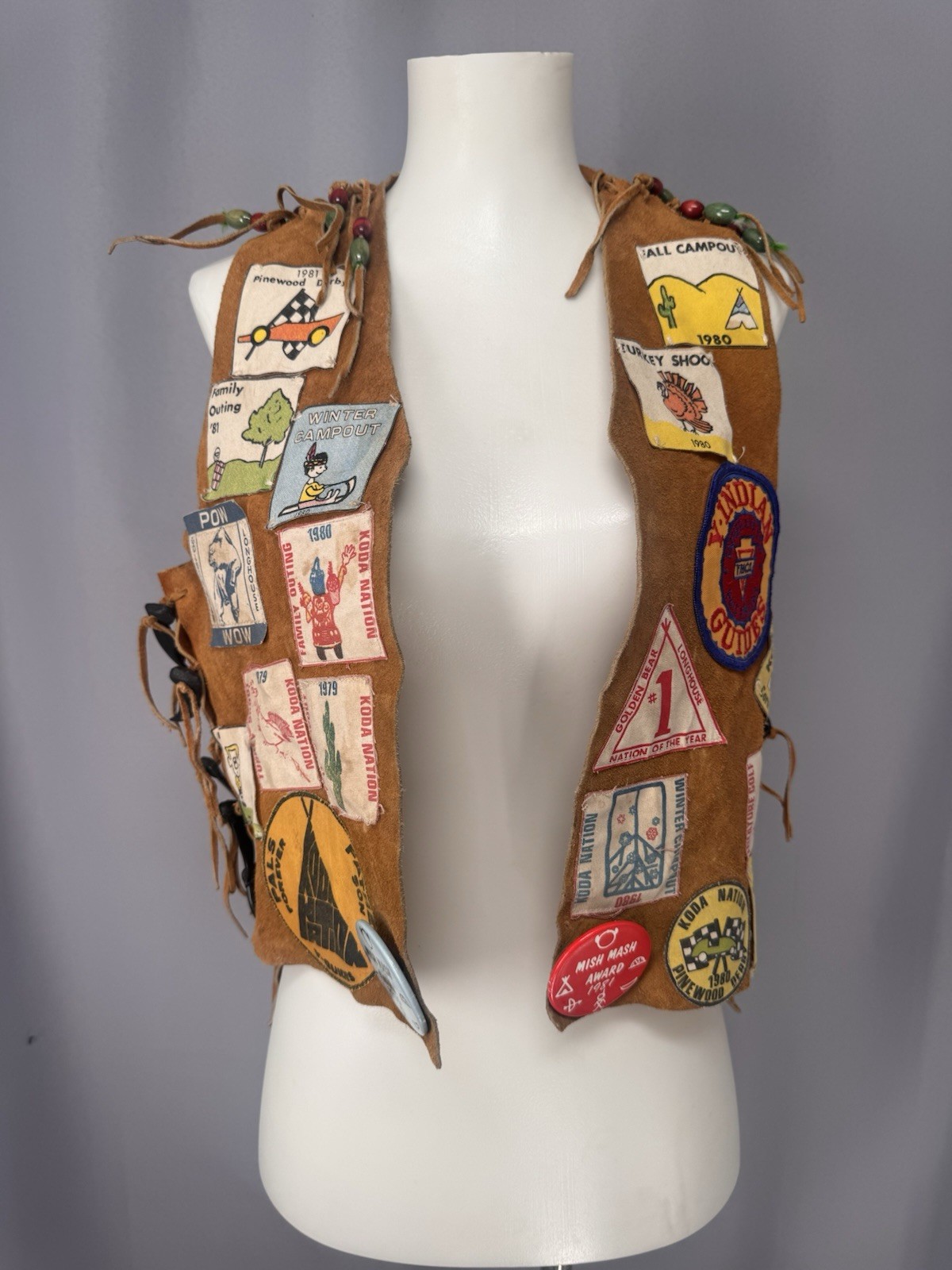 Vintage Indian Guides Suede Leather Vest Lots Of Patches YMCA Camp 1970's Retro