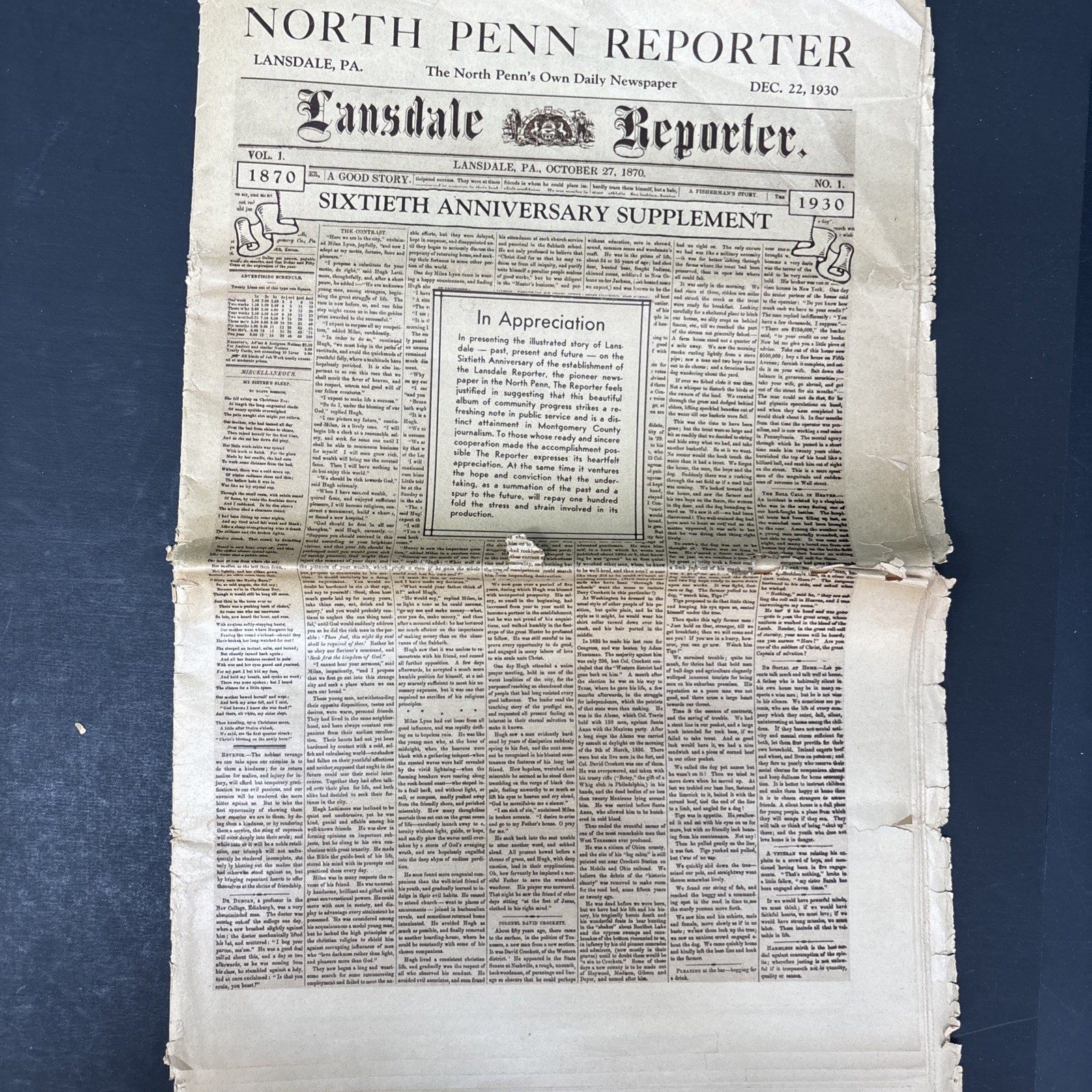 Vintage 1930 North Penn Reporter Newspaper Lansdale PA 60th Anniversary History