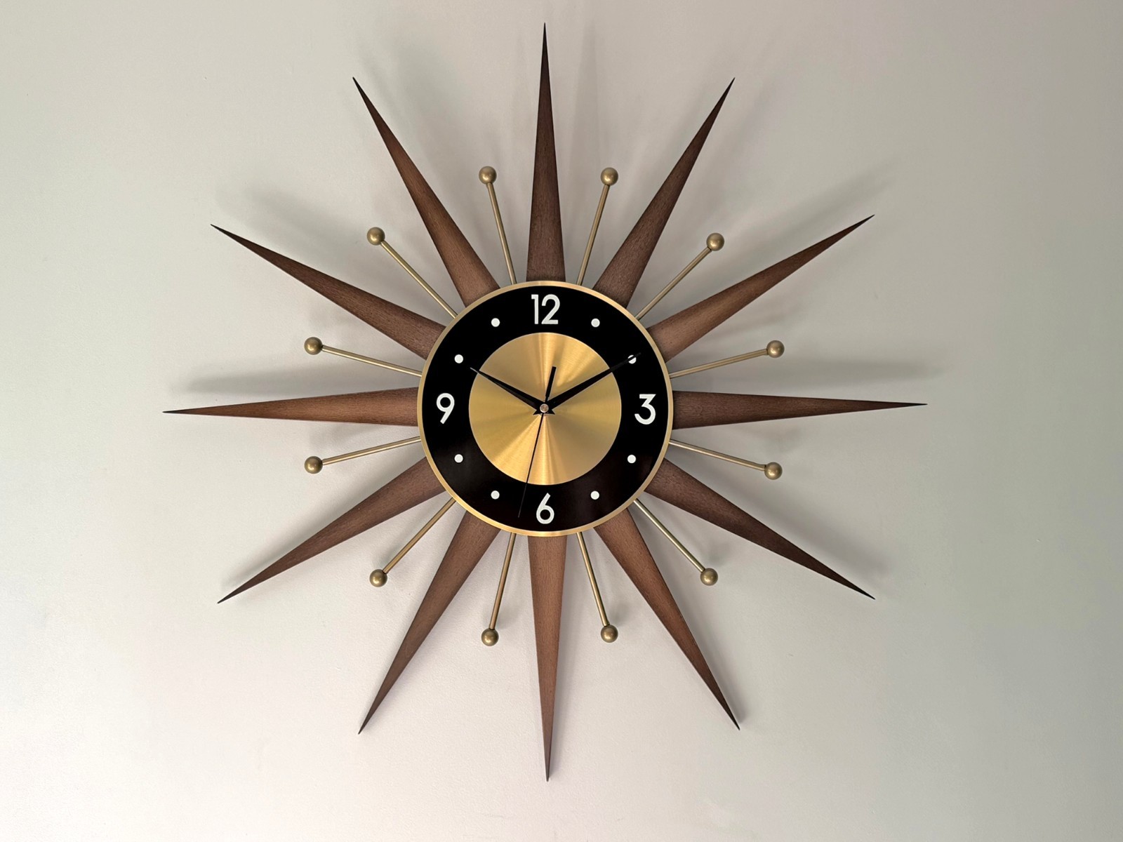 Retro Style Starburst Sunburst Wall Clock MCM Walnut Gold Black Gold Dial Silent