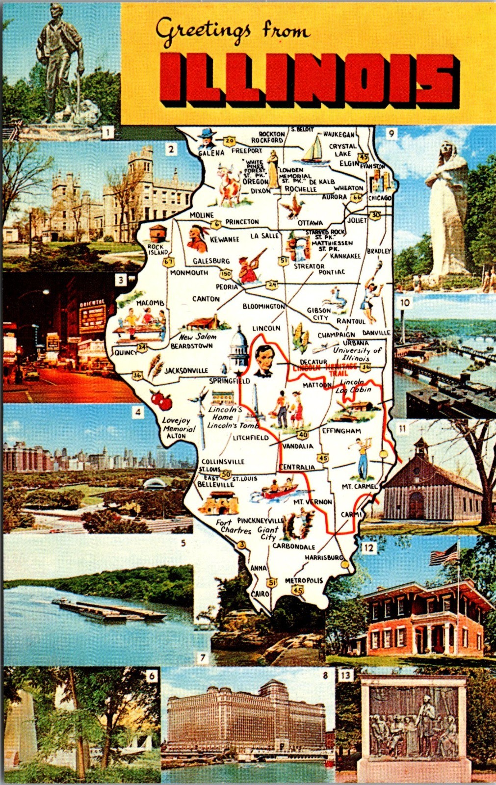 State Map Postcard - Greetings from Illinois IL - Land of Lincoln - Views