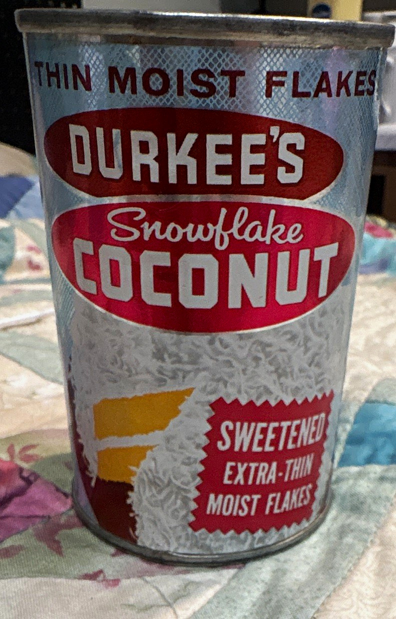 Durkee's Snowflake Coconut Thin Moist Flake Advertising Tin Can 50s unopened vtg