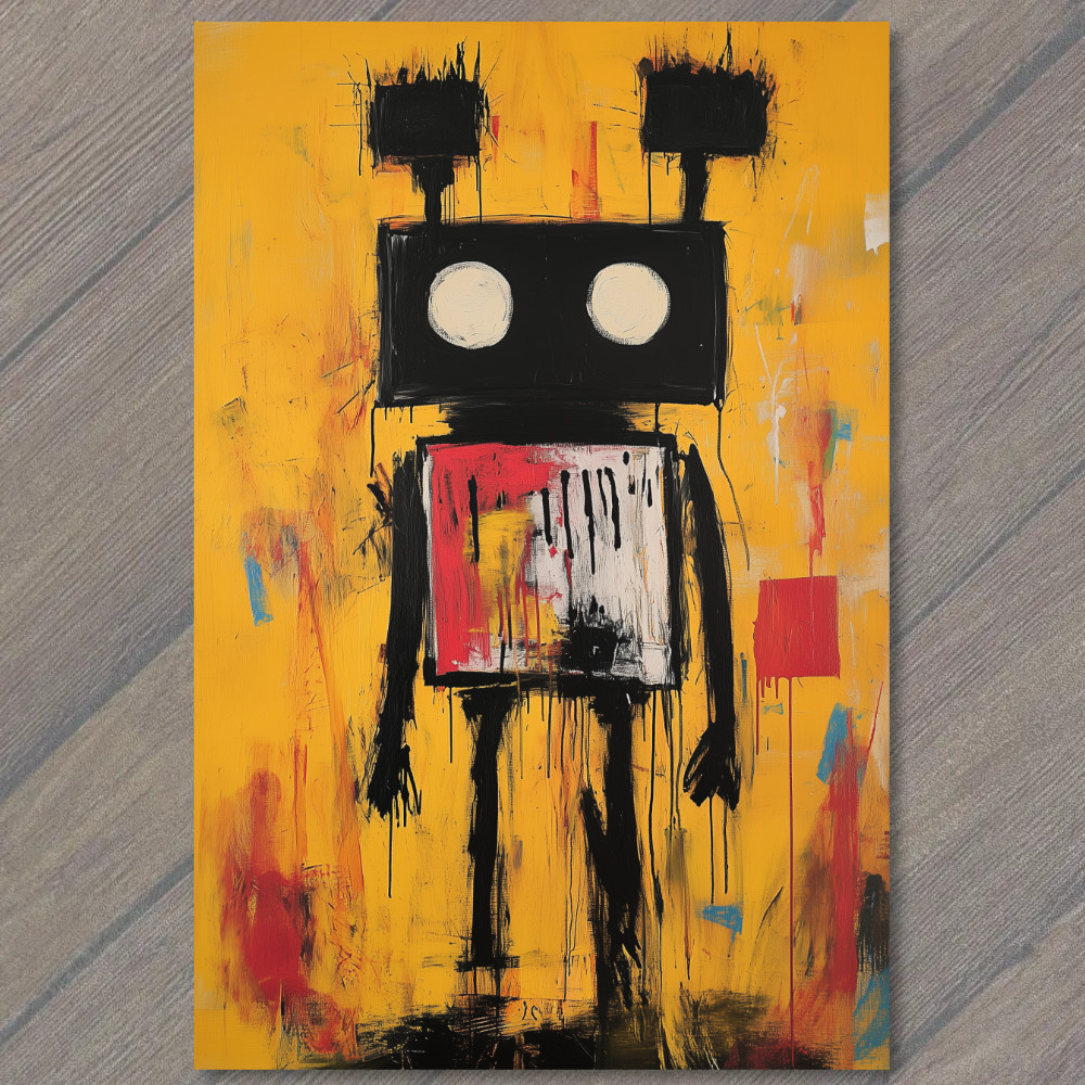 POSTCARD Boxy Robot Graffiti Bright Yellow Blue Red Raw Edgy Bold Sweet