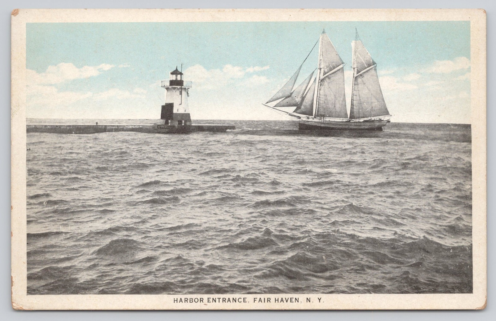 Harbor Entrance Fair Haven NY Lighthouse Schooner c1920 Sky-Tint Postcard