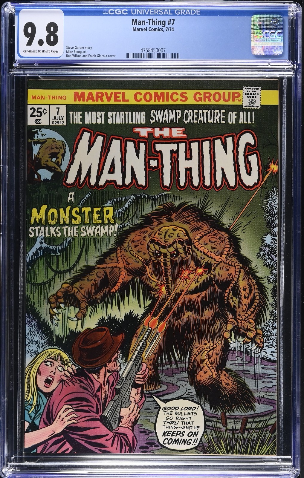 ☢️ Man-Thing #7 CGC 9.8 OWW Marvel 1974 Classic Ron Wilson Cover