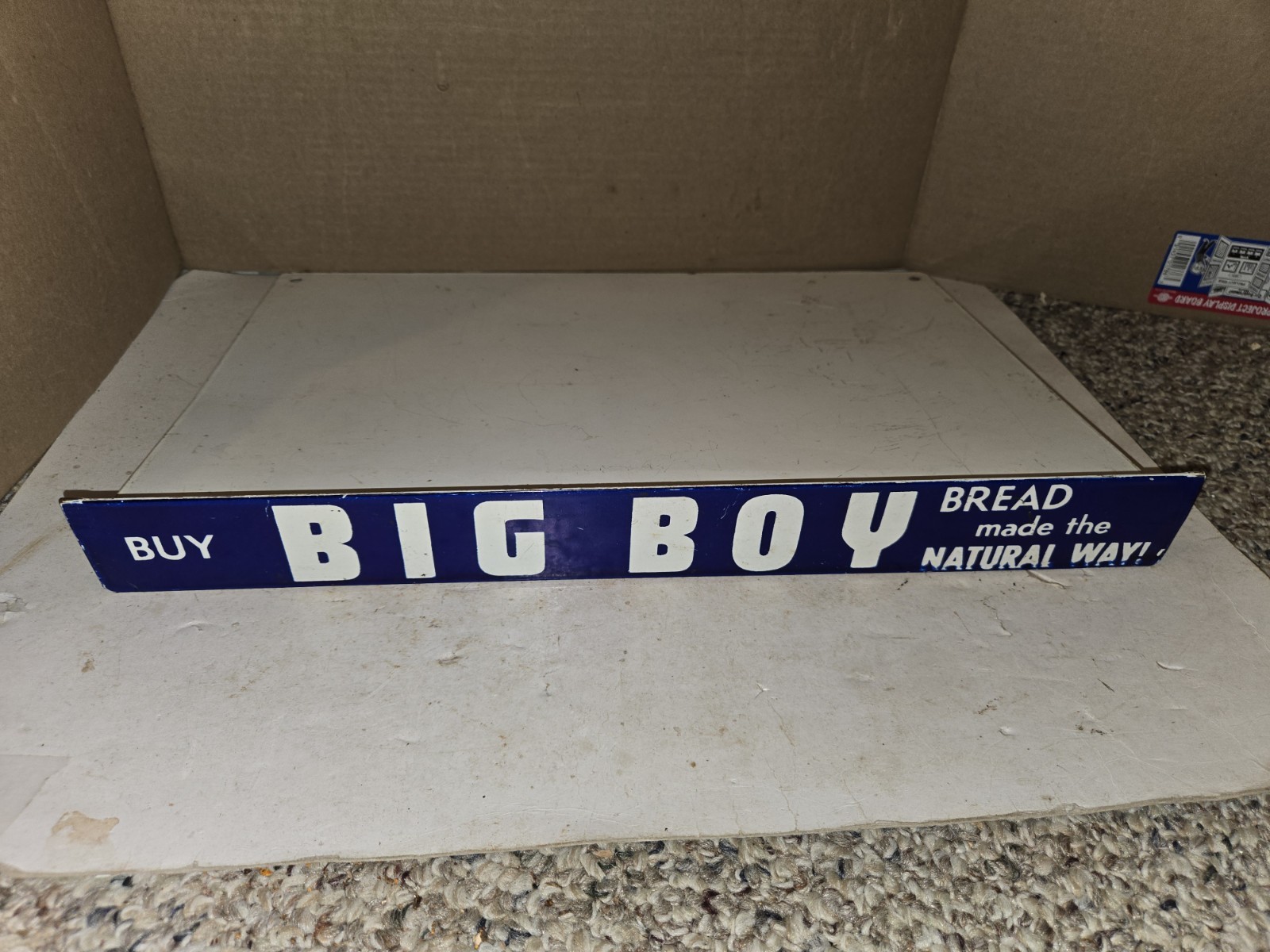 Vintage 40s Big Boy Bread Porcelain Shelf Strip Sign,Blue,White,18\