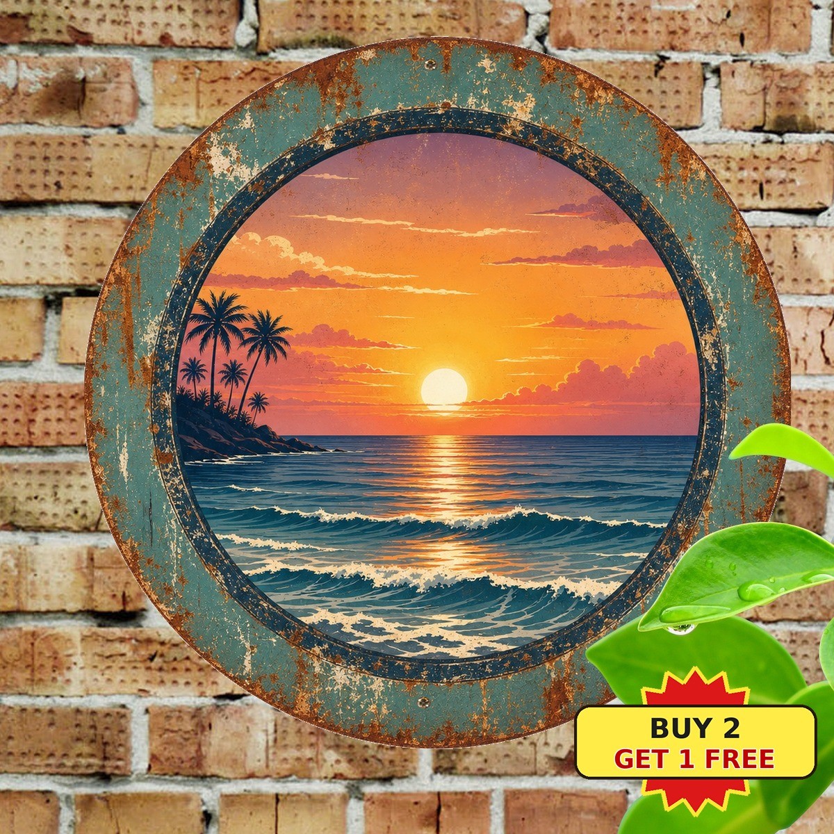 Bohemian Coastal Round Window Ocean View Tin Sign Tropical Beach House Decor