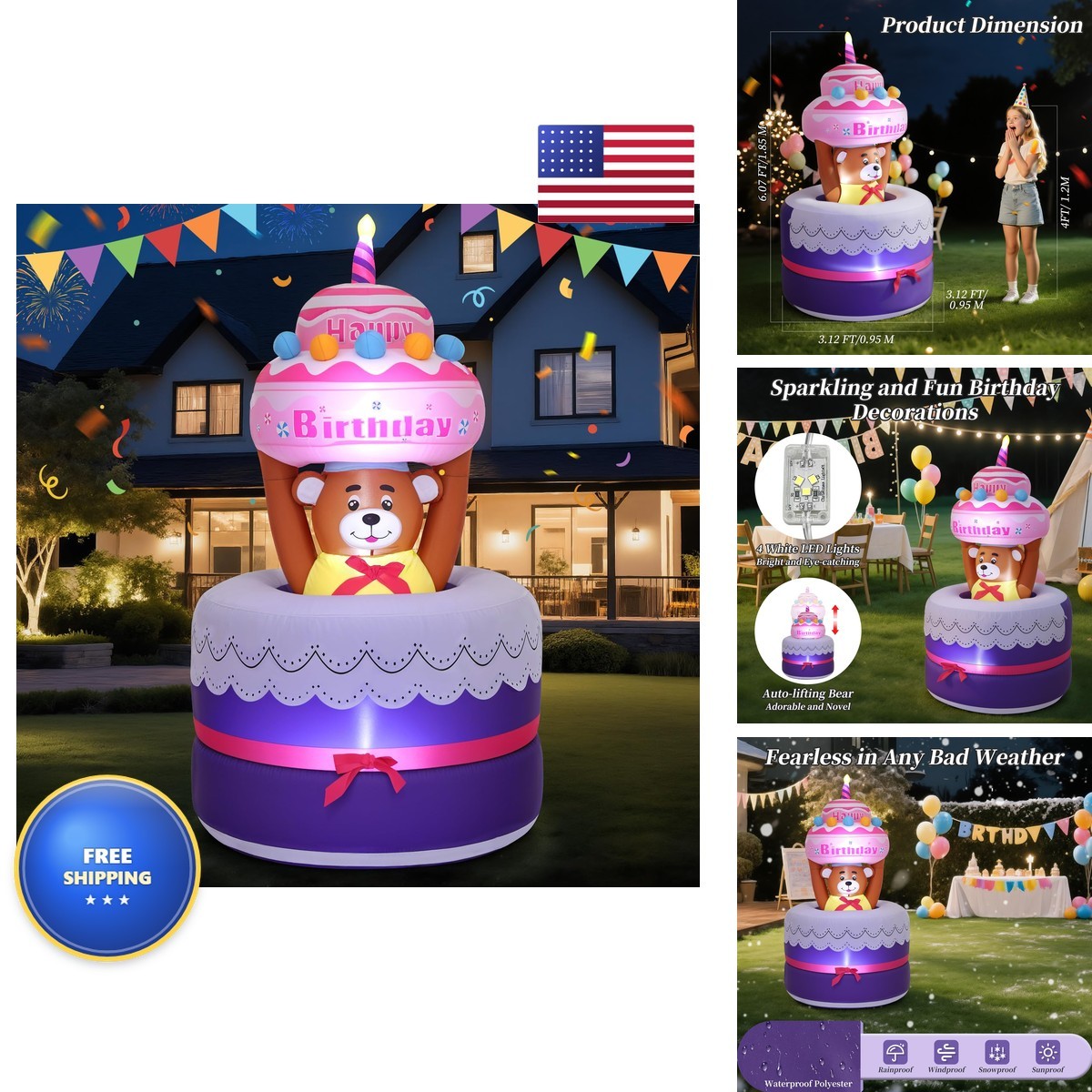Lewondr 6FT Inflatable Birthday Cake Outdoor Decorations