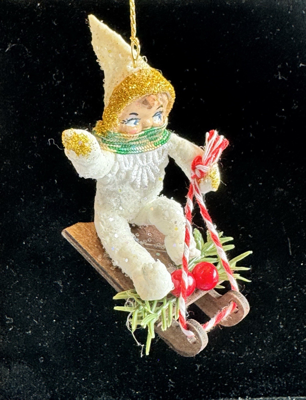 NEW Antique-Style American Spun Cotton Christmas Ornament, Child & Sled 2 3/4” T