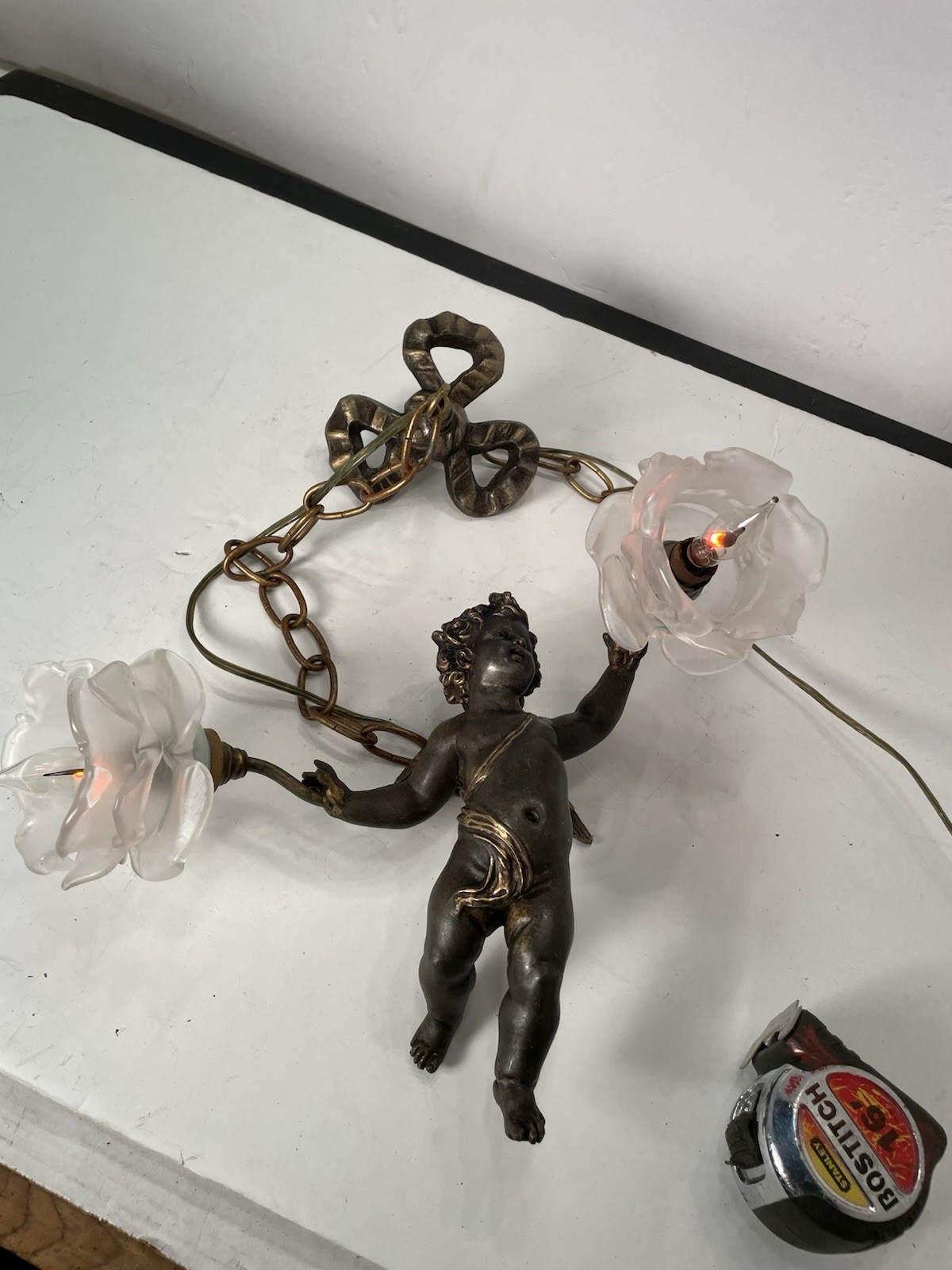 Antique French 2 Shade Hanging Putti/Cherub/Angel Chandelier Lamp W/Orig. Canopy