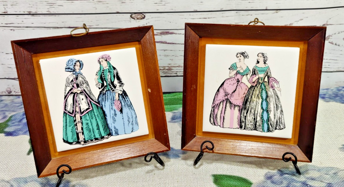 Vtg Decorative Tiles Featuring Stylish Victorian Women Framed In Wood Set of Two