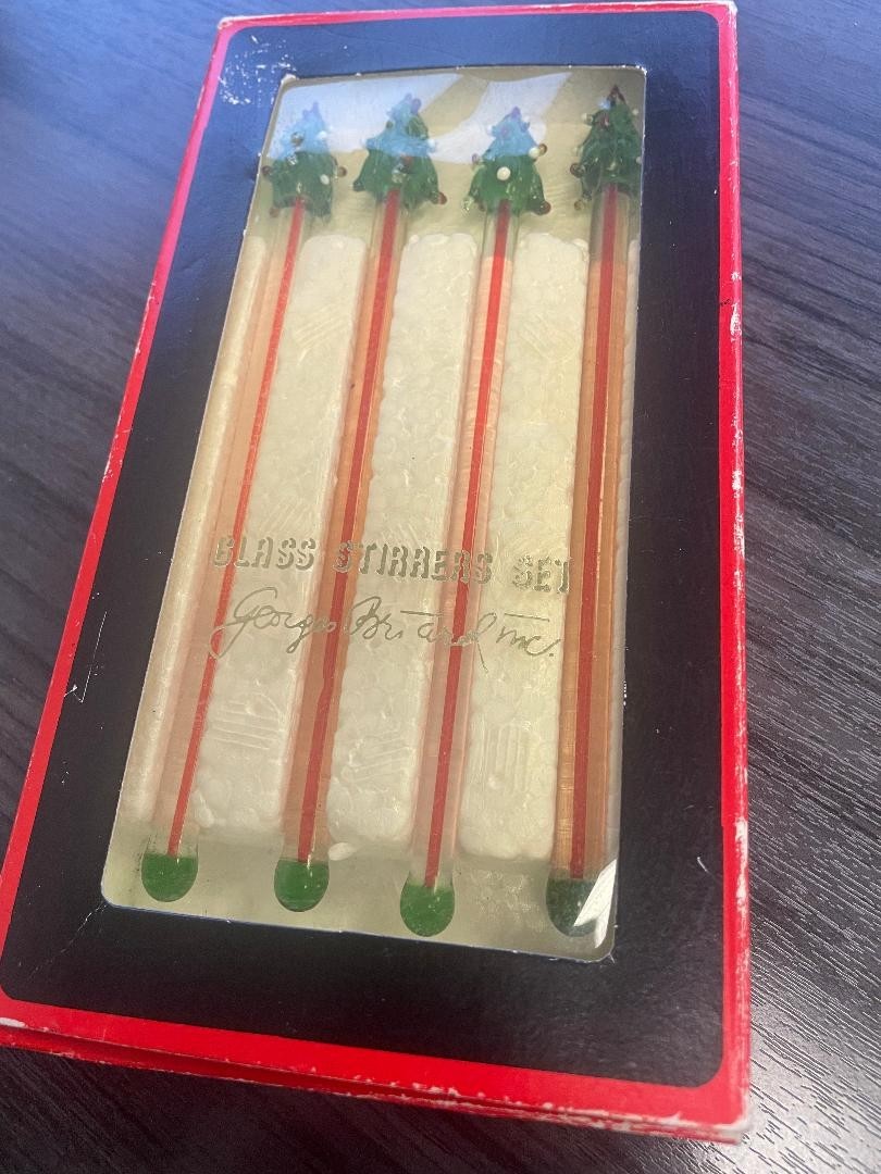 Vintage Georges Briard Glass Stirrers~Christmas Trees~Set of 4~#S1165-00~Taiwan