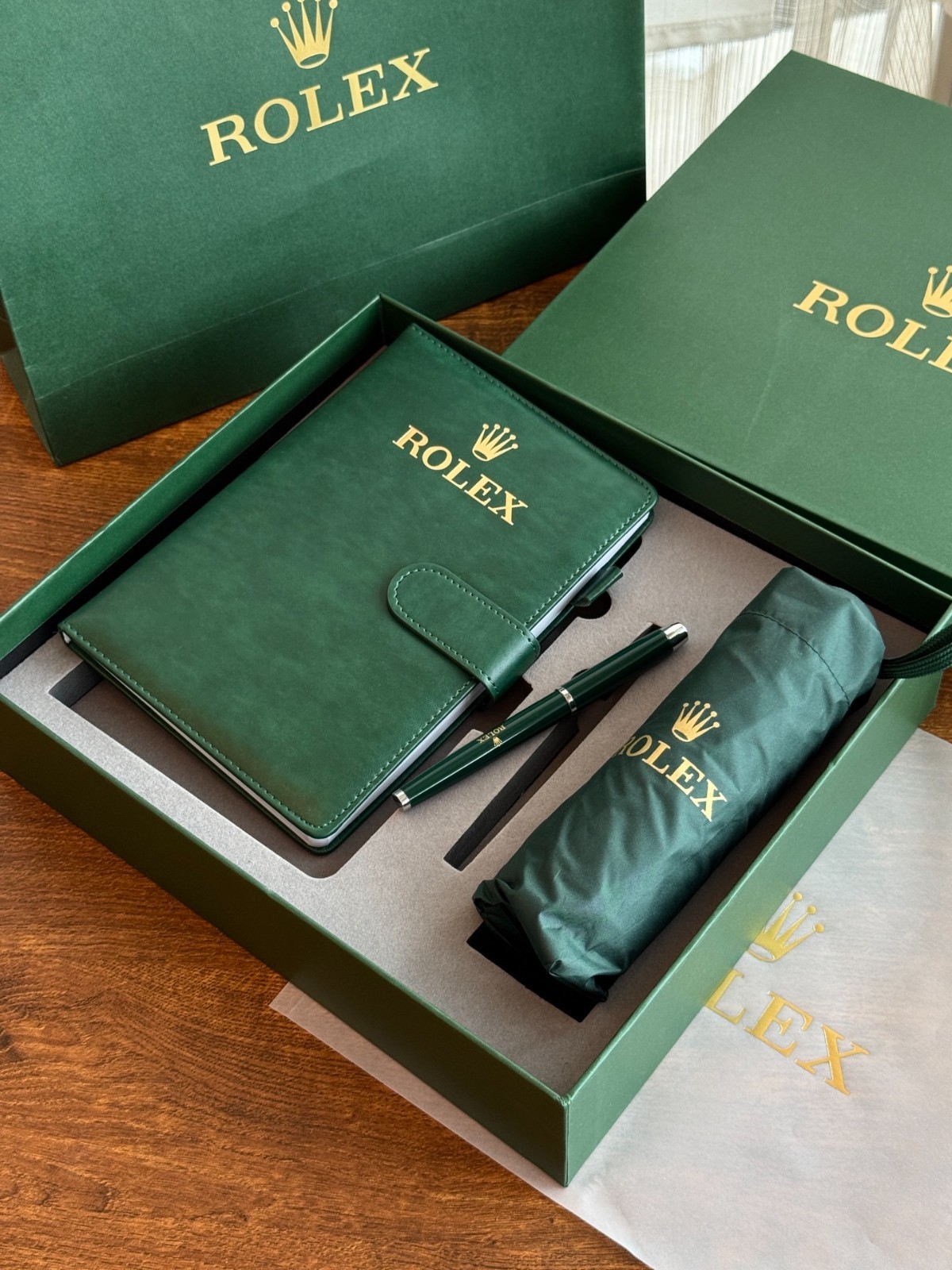 Rolex Classic Green Ballpoint Pen Umbrella Notebook Set Luxury With Box