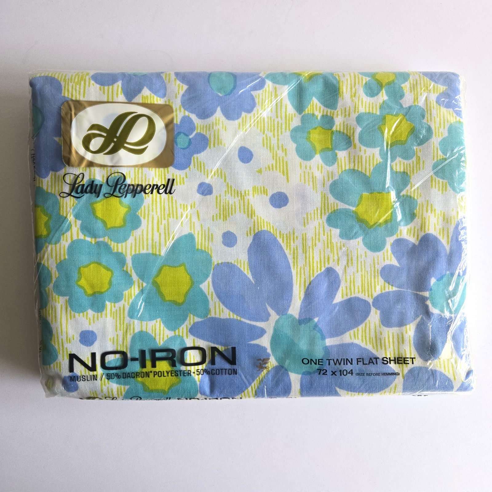 VTG 70\'s LADY PEPPERELL Twin Flat Sheet NOS Mod Blue Green Floral Cottagecore