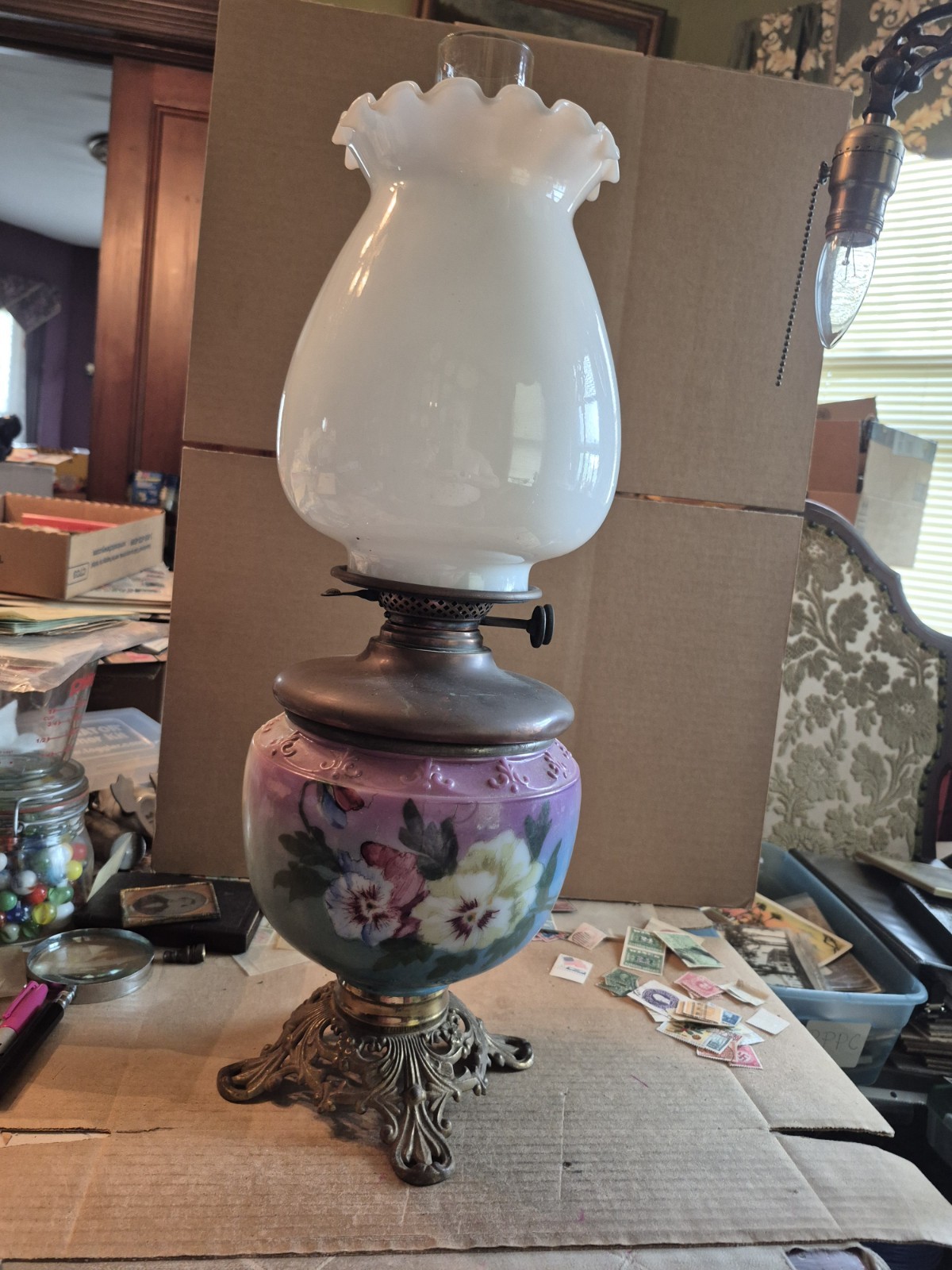Antique P&A Duplex Brass Dbl Wick Oil Lamp With Hand Painted Floral Base