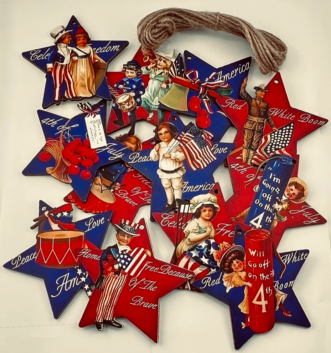 12 pc Patriotic July 4 Hanging Star Ornaments Vintage Images Americana Decor