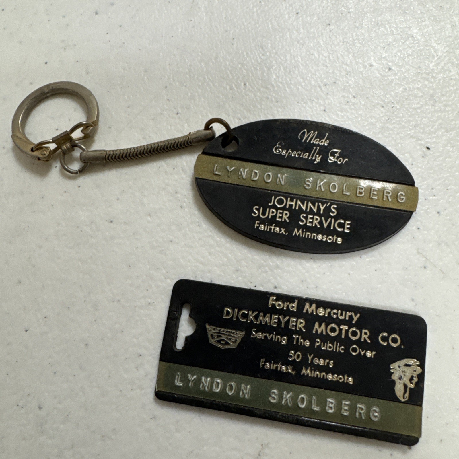 VTG Johnny’s Ford Mercury Dickmeyer Motor Co Fairfax MN Key Tag & Keychain Set