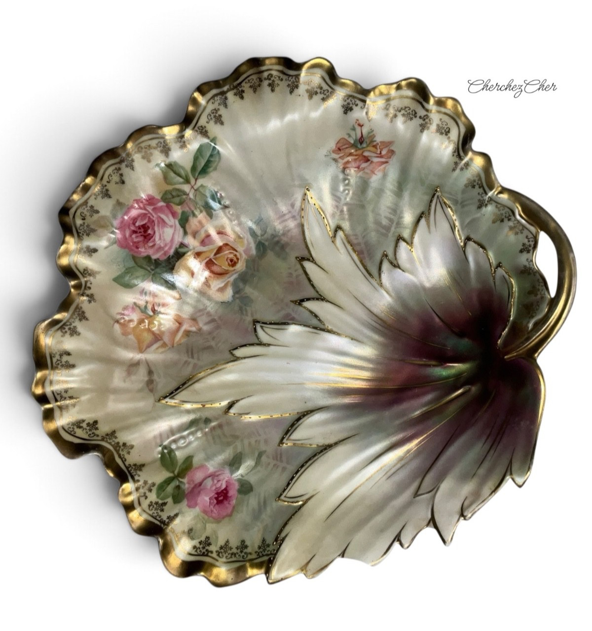Antique RS Prussia Green/Red Wreath Mark Leaf / Floral Dish Bowl Gold Gilt READ