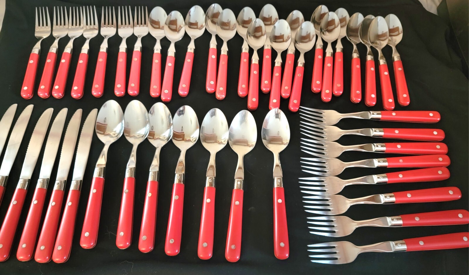 46 Lillian Vernon Flatware Red Handle Stainless Steel 18/8 Korea MCM Vtg Retro
