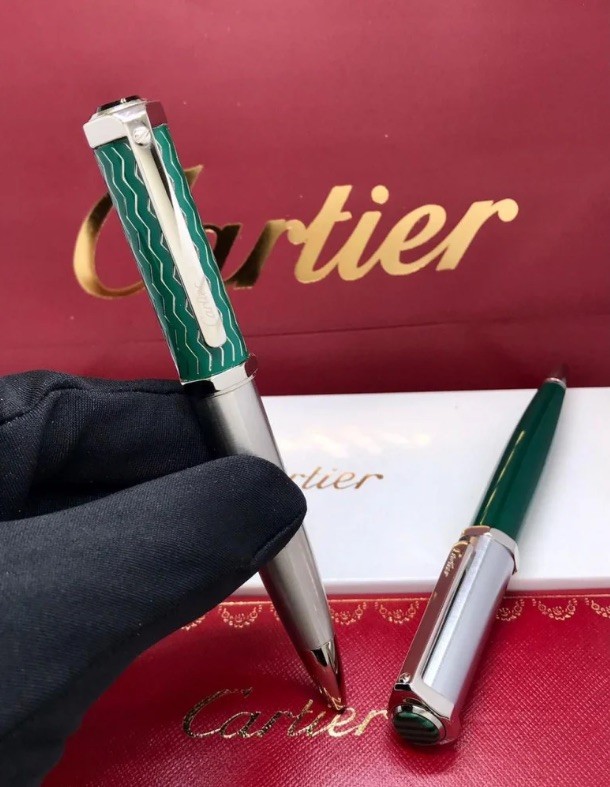 SALE Cartier Santos de Cartier Green Silver Ballpoint Pen Luxury New Full Box