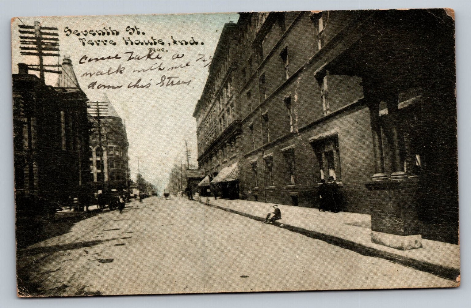 1910 Terre Haute, Indiana Seventh Street Rppc Postcard - Sepia Street Scene