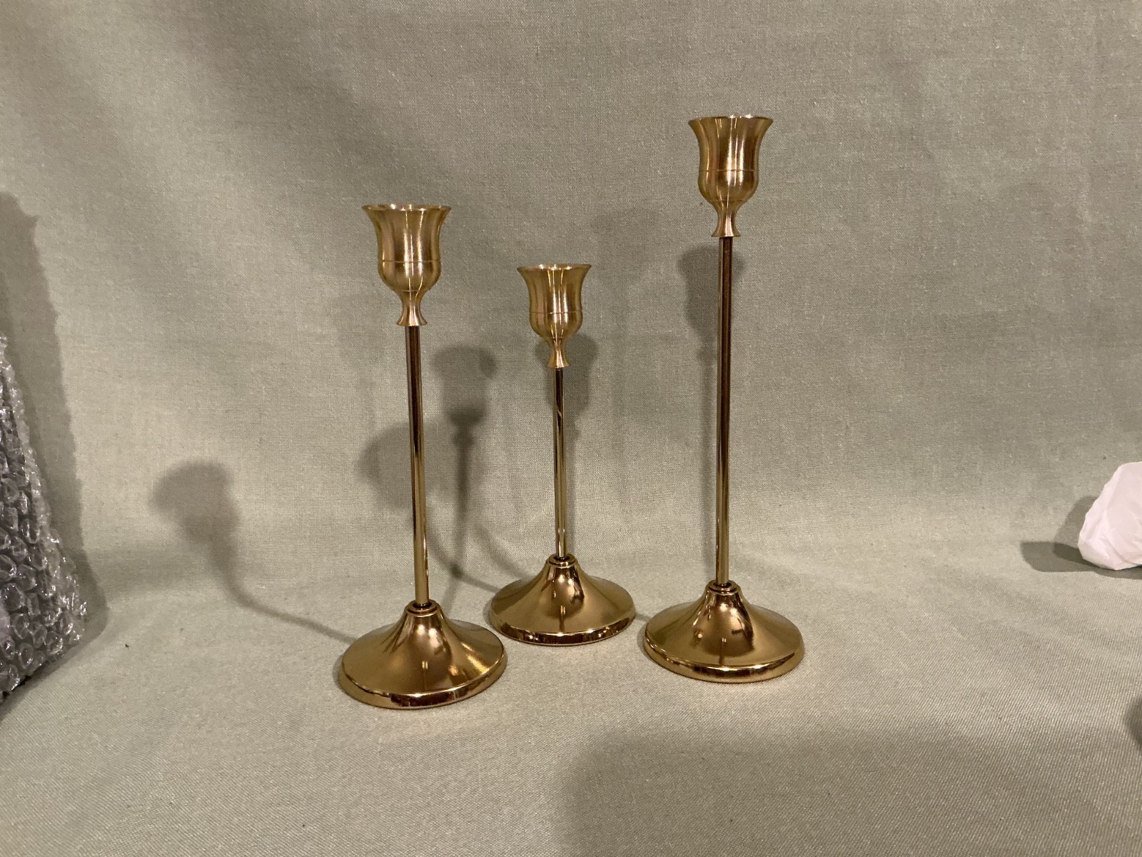 NEW Polished Brass set of 3 Taper Candle Holders, Graduated Sizes, Decorative