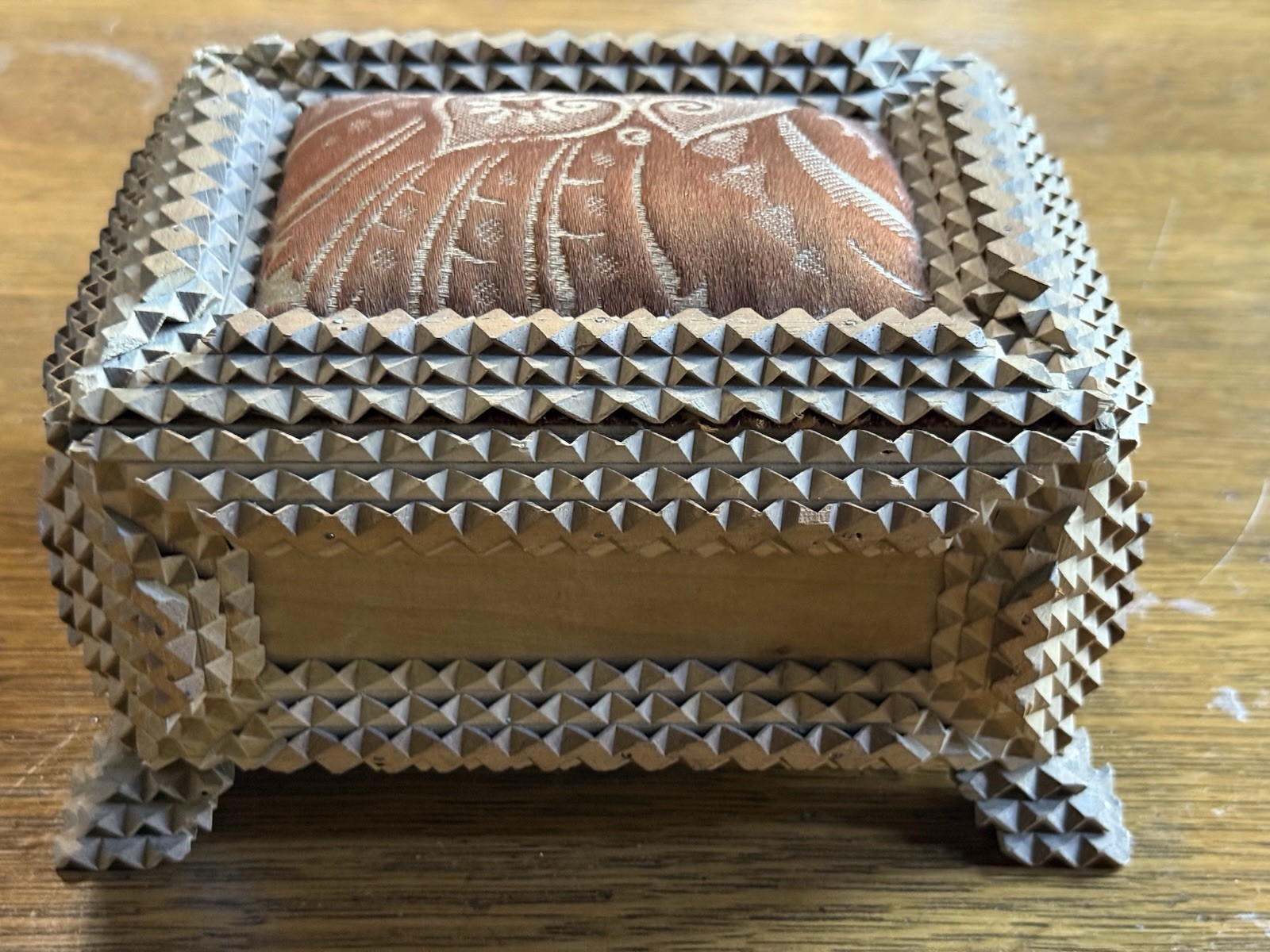 Antique Tramp Art Chip Carved Wood Sewing Box Large Pincushion Folk Art