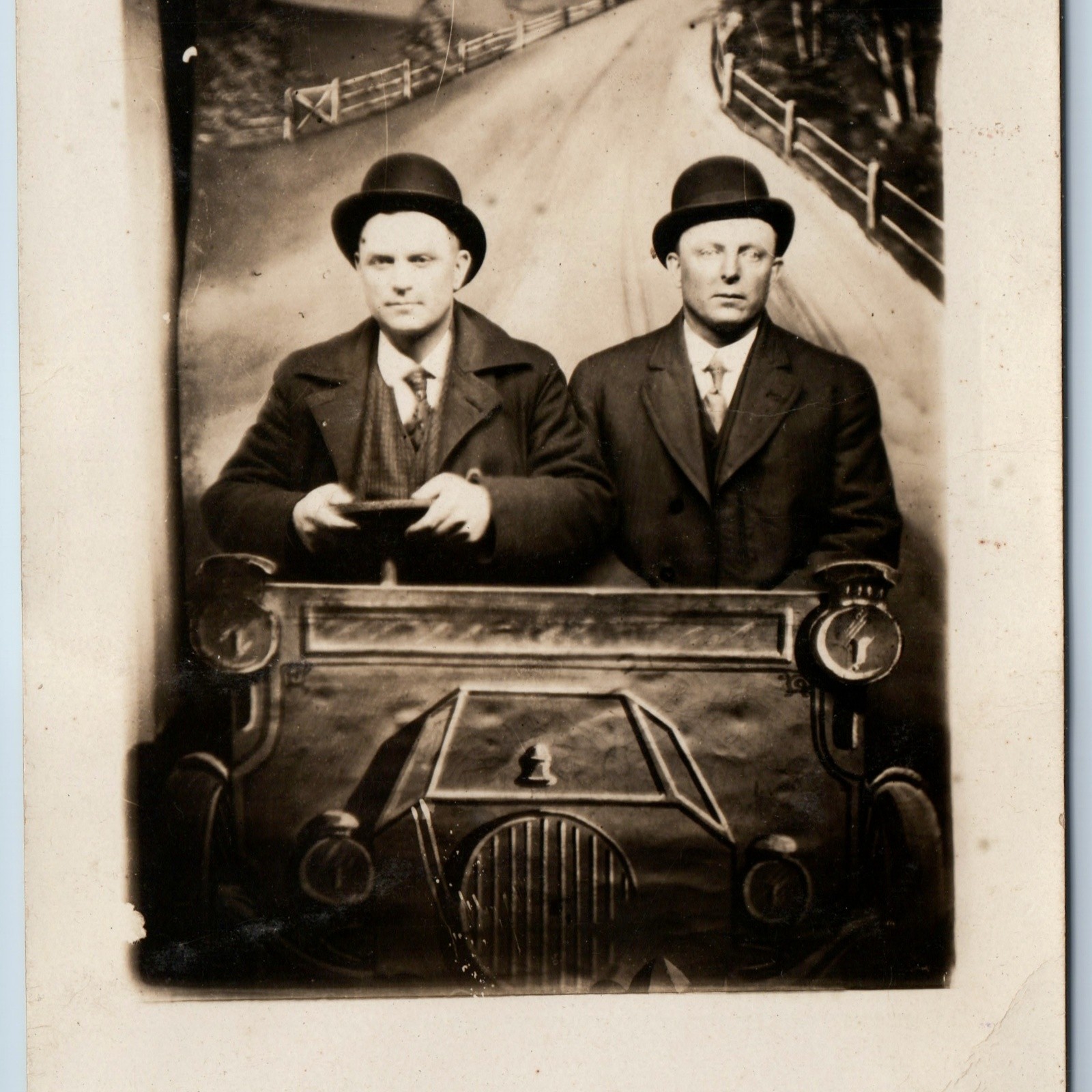 c1910s Car Studio Portrait RPPC Friends Two Men Fashion Suits Bowler Hats A379