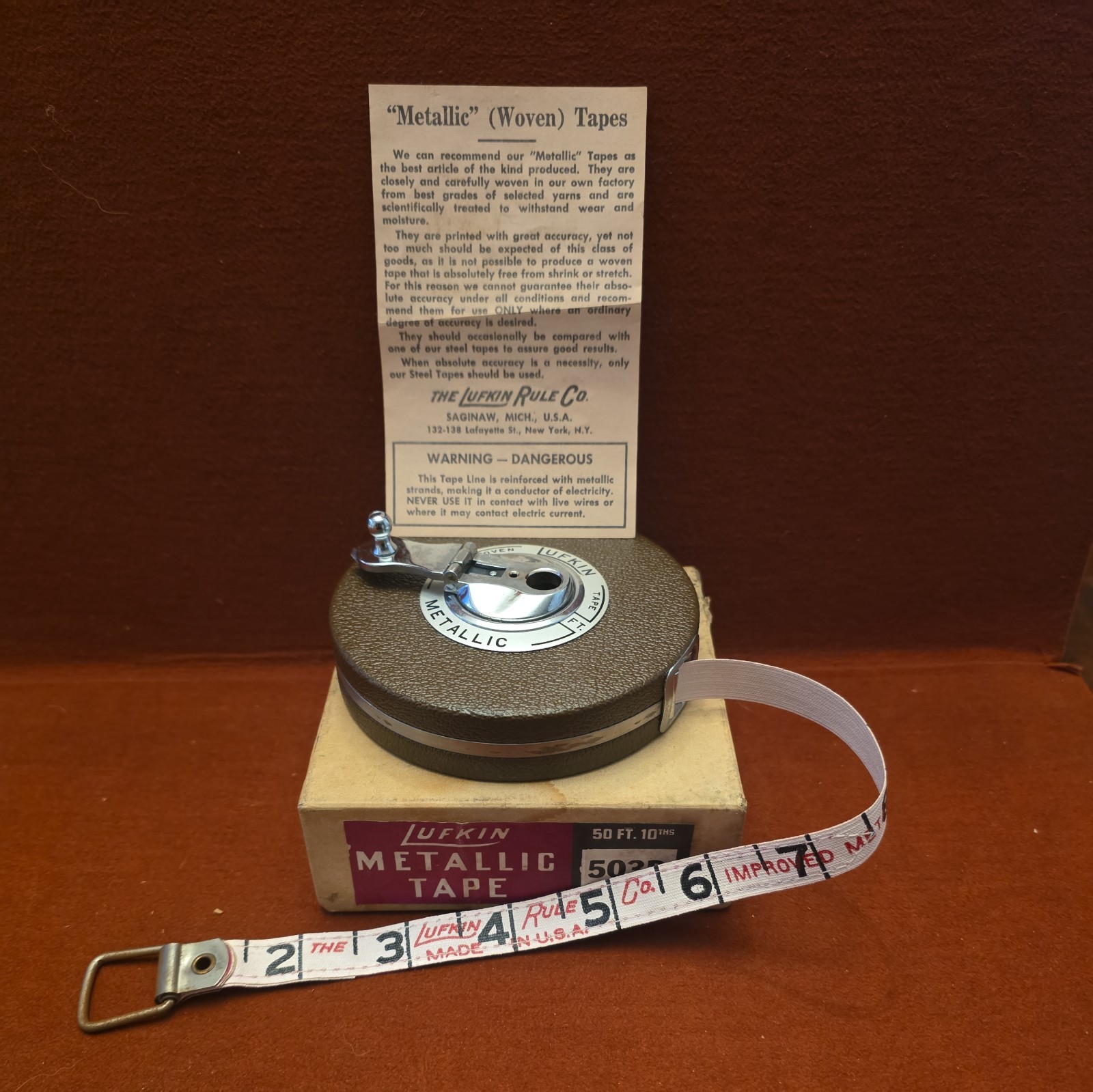 vintage LUFKIN metallic 50 ft woven tape measure w/original box