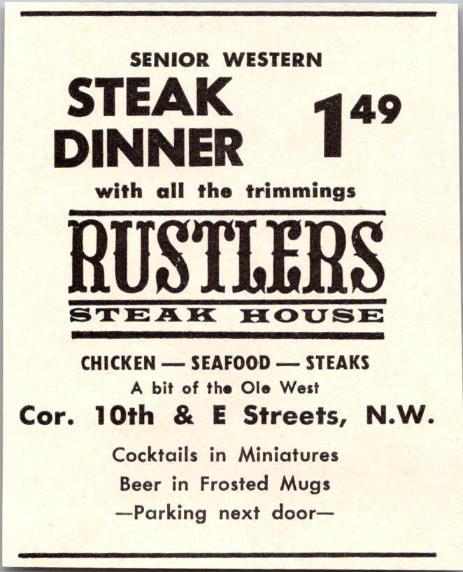 Rustlers Steak House Cor 10th & E Streets NW 1967 Washington DC Ad TAK3-M79