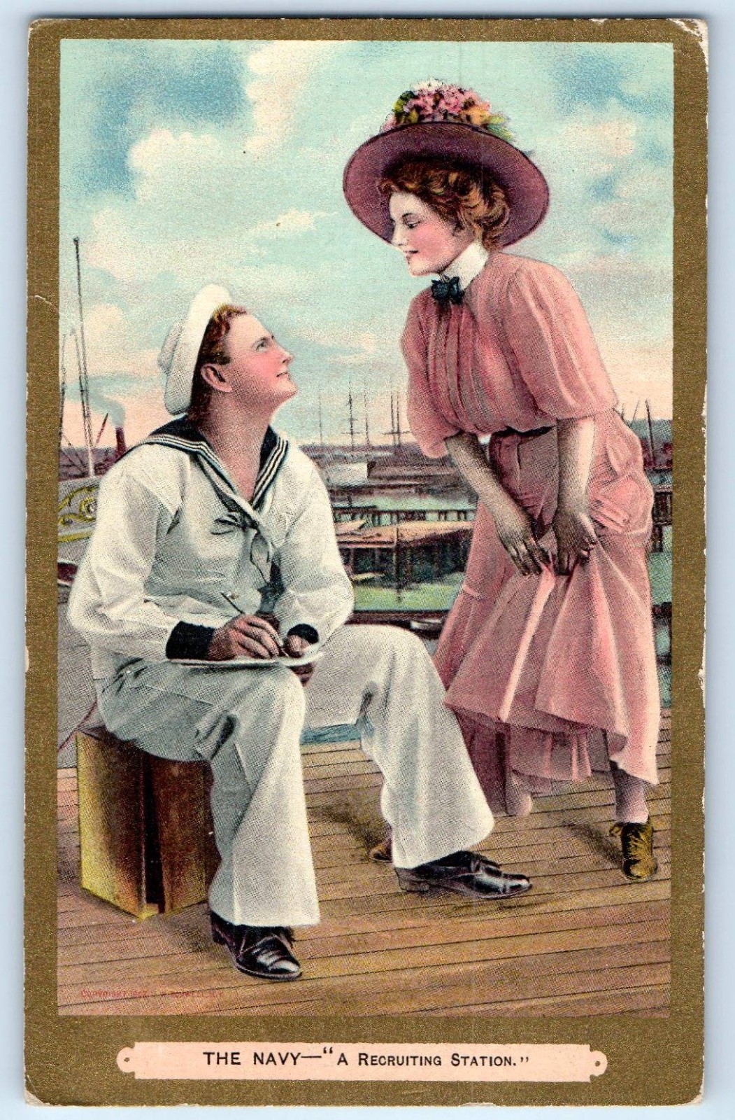 1909 Romance Couple The Navy A Recruiting Station Fishers Indiana IN Postcard
